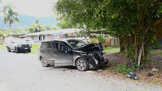 A Haval Jolion stolen from Mount Sheridan crashed into a tree on McEwen St Mooroobool critically injuring a juvenile passenger in the vehicle. Picture: Peter Carruthers