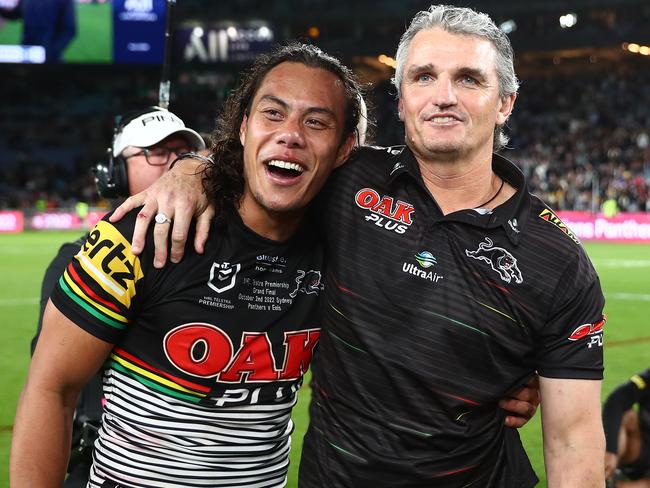 NRL 2022 GF Penrith Panthers v Parramatta Eels - Jarome Luai, Ivan Cleary , celebrates victory. Picture: NRL Photos