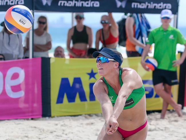 Queenslands Georgia Johnson and Tara Phillips at the Australian Beach Volleyball Championships in Coolangatta. Picture: Glenn Campbell