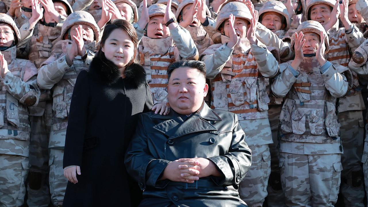 The girl, aged nine or 10, has been pictured more frequently out and about with her dad. Picture: KCNA via KNS / AFP