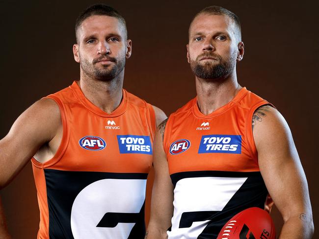 Jesse Hogan (left, broken thumb) and Stringer (hamstring) will both be sidelined until at least round 2, and the Giants may wait until after their round 3 bye to start their seasons. Picture: Phil Hillyard