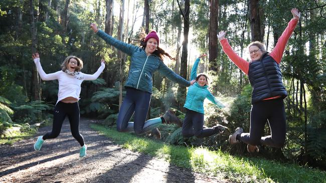 Hikers Natalie Ellis, Tamara Hutchins. Leonie Short and Rebecca Thompson celebrate a return to nature today. Picture: Alex Coppel