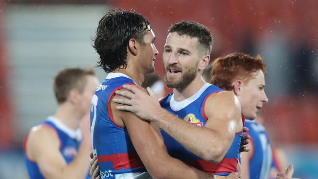 Marcus Bontempelli and Jamarra Ugle-Hagan celebrate aftre their win over GWS. Picture: Mark Metcalfe/AFL Photos/via Getty Images