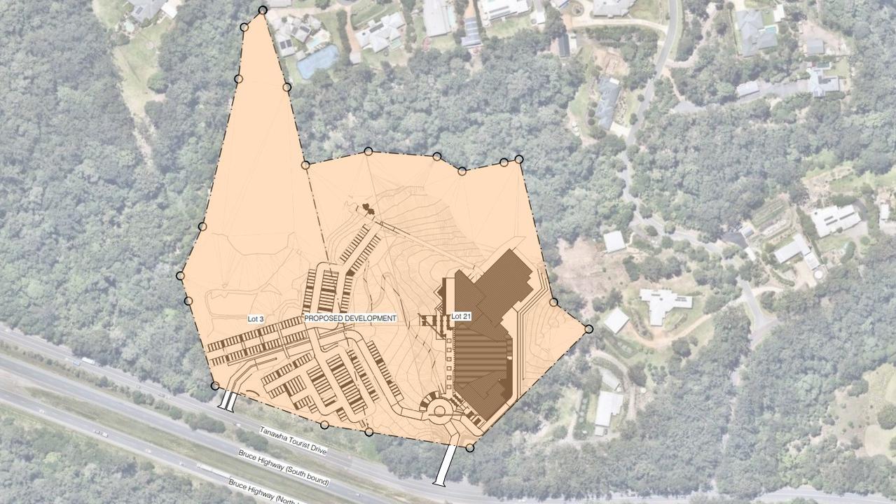 An aerial view shows the scale of Life Church's proposed new church it wants to build on Tanawha Tourist Drive at Mons.