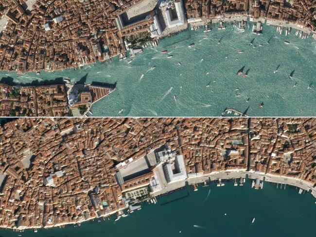 Venice seen from above, during (above) and before (below) the COVID-19 lockdown. Picture: AFP / Planet Labs