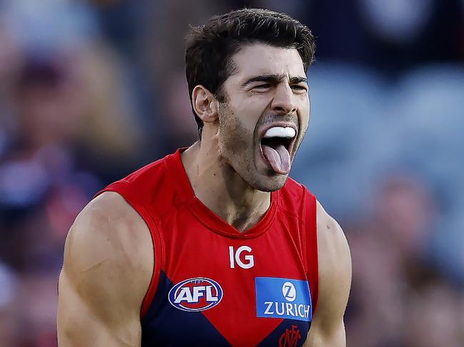 MELBOURNE , AUSTRALIA. March 23 , 2024.  Hawthorn vs Melbourne at the MCG .  Christian Petracca of the Demons  celebrates a 3rd quarter goal   . Pic: Michael Klein