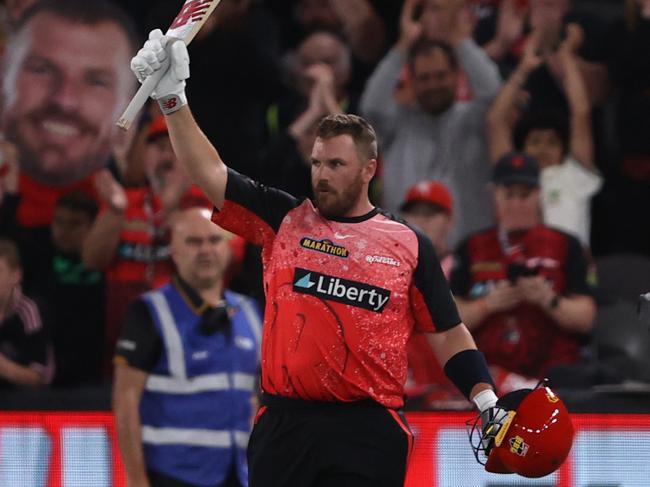 MELBOURNE, AUSTRALIA - JANUARY 13: Aaron Finch of the Melbourne Renegades acknowledges the fans after being dismissed during the BBL match between Melbourne Renegades and Melbourne Stars at Marvel Stadium, on January 13, 2024, in Melbourne, Australia. (Photo by Darrian Traynor/Getty Images)