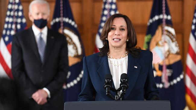 US Vice President Kamala Harris speaks as US President Joe Biden looks on. Picture: Eric Baradat/AFP