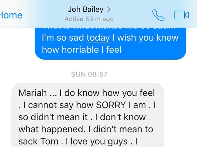 Text message sent from Joh Bailey to employee Mariah Rota after her wedding to Tom Cole in Bali. Picture: Supplied