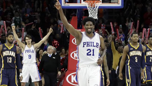 Philadelphia 76ers' Joel Embiid celebrates after the 76ers' won.