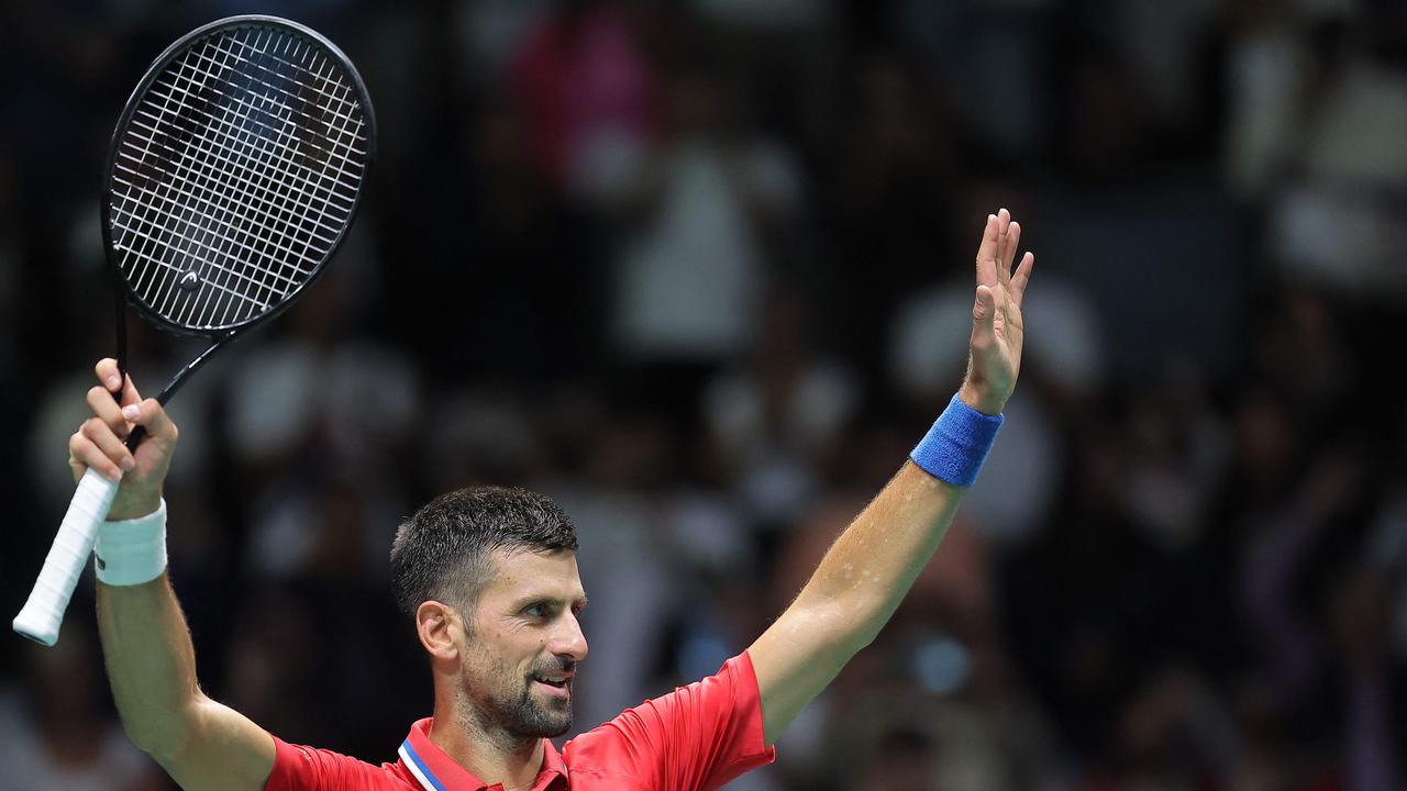 Serbia's Novak Djokovic celebrates after winning against Greece's Ioannis Xilas during the Davis Cup World Group I tie Serbia VS Greece at the "Aleksandar Nikolicâ&#128;&#157; hall in Belgrade on September 14, 2024. (Photo by Pedja Milosavljevic / AFP)