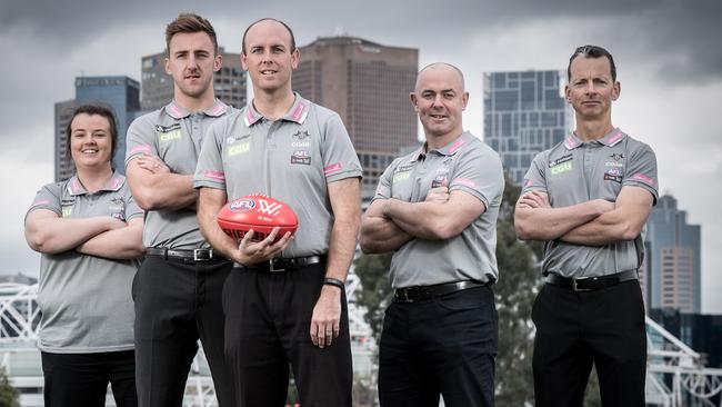 Daniel Harford (second from right) was an assistant coach at Collingwood. Picture: Jake Nowakowski