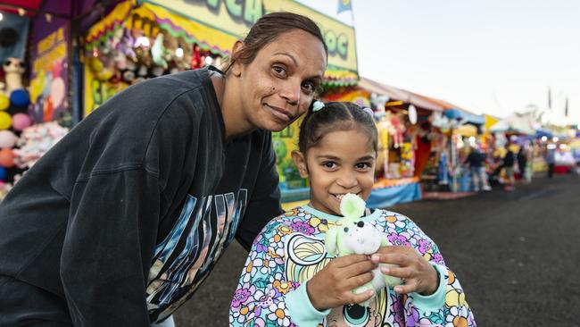 Sharaya Close with daughter Jahlaya Leisha in sideshow alley at the Toowoomba Royal Show, Thursday, March 30, 2023. Picture: Kevin Farmer