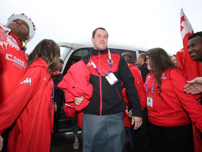 Woolf, Head Coach of Tonga arrives ahead of the Rugby League World Cup Quarter Final match between Tonga and Samoa. Picture: Jan Kruger/Getty Images for RLWC