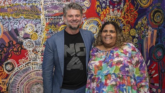 National Gallery of Australia director Nick Mitzevich and NGA council member Sally Scales at the APYACC’s Adelaide studio in February. Picture: Instagram