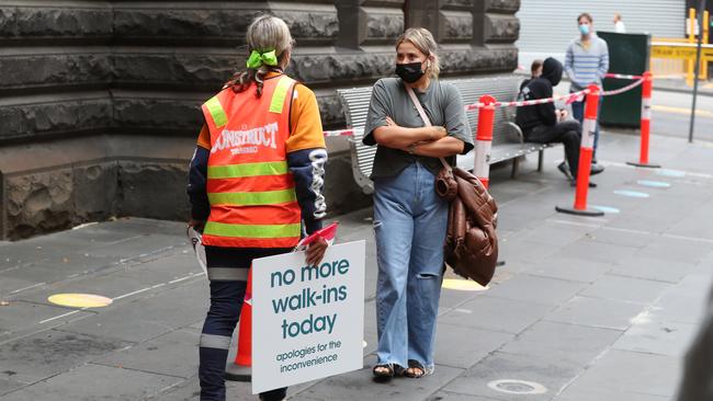 Covid testing at Melbourne Town Hall reached capacity before 9.30am on Tuesday. Picture: NCA NewsWire/ David Crosling