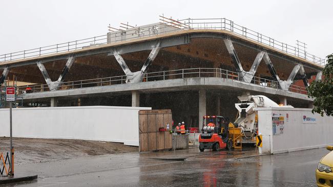 Geelong’s Civic Precinct worksite showing the recently installed steel and cross laminated timber beams. Picture: Alan Barber