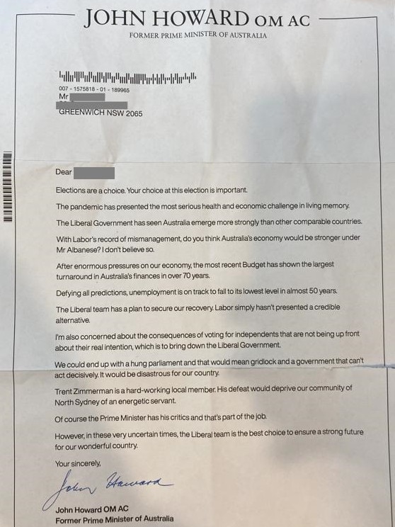 A photo of the letter sent to North Sydney voters.