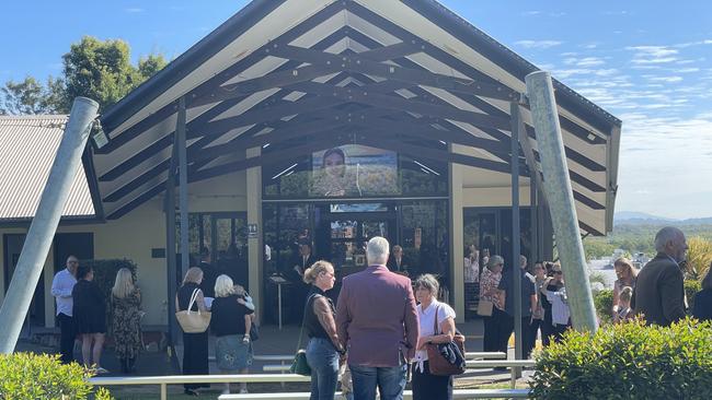 Mourners gather early at the funeral of Natalie Frahm in Mackay on June 4, 2024. Picture: Fergus Gregg