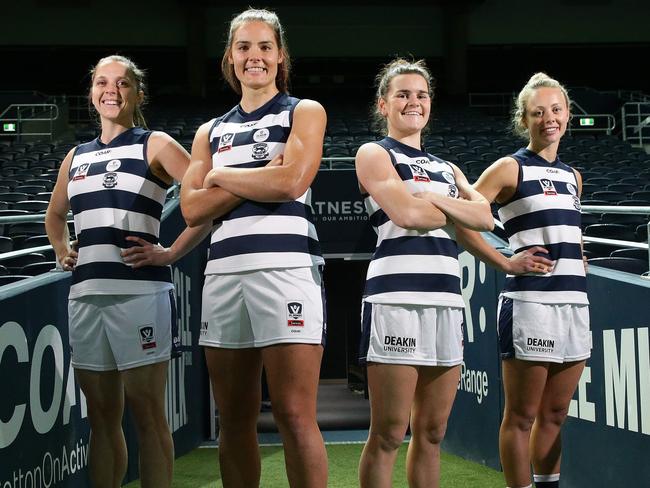 Geelong Cats VFL Womens foortballers Anna Teague, Maddie Boyd, Lily Mithen and Renee Garing. Geelong Cats AFLW submission.  Picture: Peter Ristevski