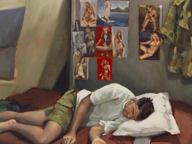 Macka’ sleeping in tent, 2002by Peter Churcher oil on hardboardFrom the exhibition Lust Love Loss, Shrine of Remembrance, Melbourne 2022