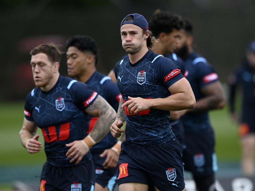 Nicho Hynes training with the Blues in icy conditions in the Blue Mountains on Saturday. Picture: NRL Imagery