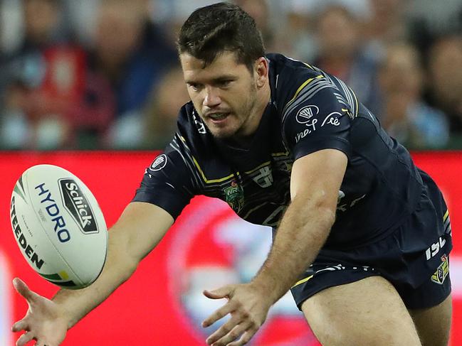 Cowboys Lachlan Coote knocks on the ball. The North Queensland Cowboys vs the Cronulla Sharks at Allianz Stadium in Sydney. Pic Peter Wallis