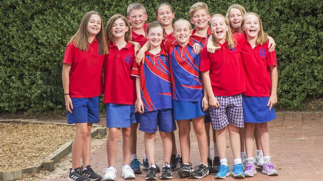 Five sets of twins are set to take on Grade 5 this year at Aspendale Primary School. Back row: Declan and Maxine Visser, Nate and Dee Krummel. Front row: Lily and Grace McHugh, Lara and Zoe Holland, Tilly and Tori Savage Picture: Rob Leeson