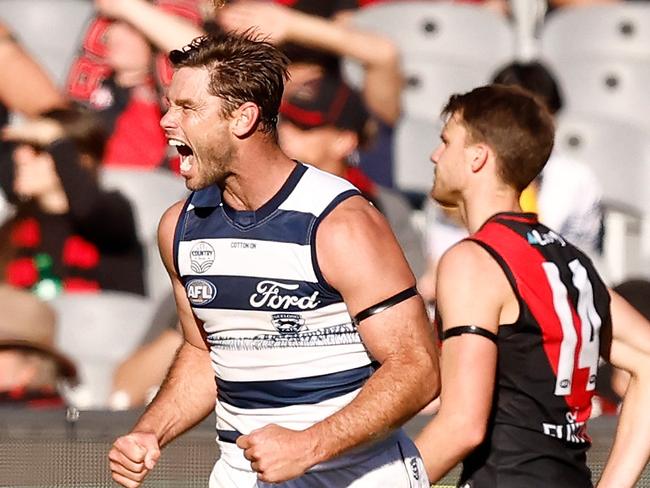 MELBOURNE, AUSTRALIA - APRIL 30: Tom Hawkins of the Cats celebrates his eights goal during the 2023 AFL Round 07 match between the Essendon Bombers and the Geelong Cats at the Melbourne Cricket Ground on April 30, 2023 in Melbourne, Australia. (Photo by Michael Willson/AFL Photos via Getty Images)