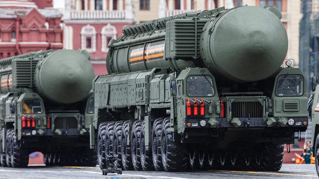 Russian Yars RS-24 intercontinental ballistic missile systems move through Red Square during the Victory Day military parade in Moscow. Picture: AFP