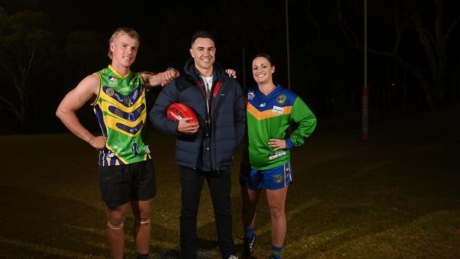 Shane Edwards designed Golden Grove's Indigenous guernsey for this Adelaide Footy League season. Edwards started his career as a junior at the Kookaburras. Golden Grove players Dylan Barge (Senior Men's player) with Shane and Donna Jardine (Senior Women's captain). Picture: Keryn Stevens