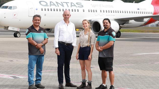 Cairns Airport's sustainability team: Yirrganydji ranger Brian Singleton, Cairns Airport CEO Richard Barker, environment manager Lucy Friend and Yirrganydji ranger Gavin Singleton. Picture: Brendan Radke