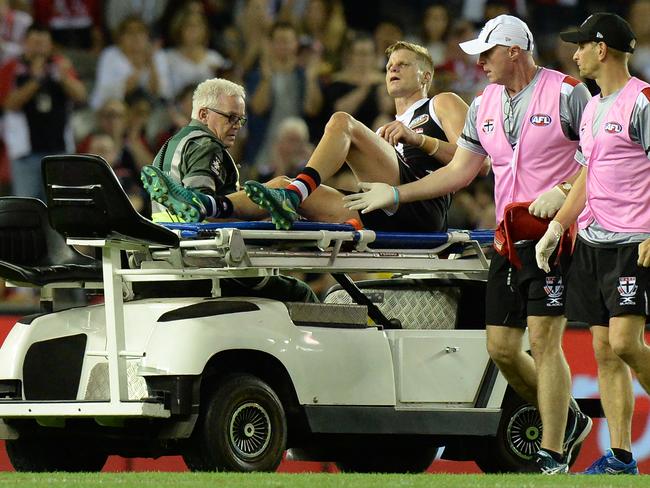 Nick Riewoldt when he was taken off the field with a knee injury