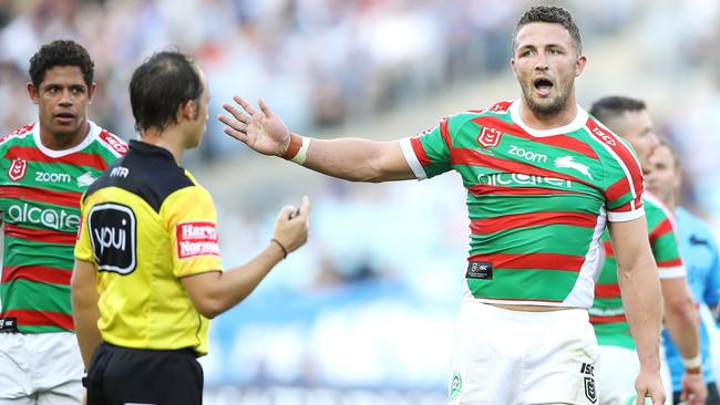 Sam Burgess of the Rabbitohs makes his point to referee Tim Roby. Image: Mark Kolbe/Getty Images