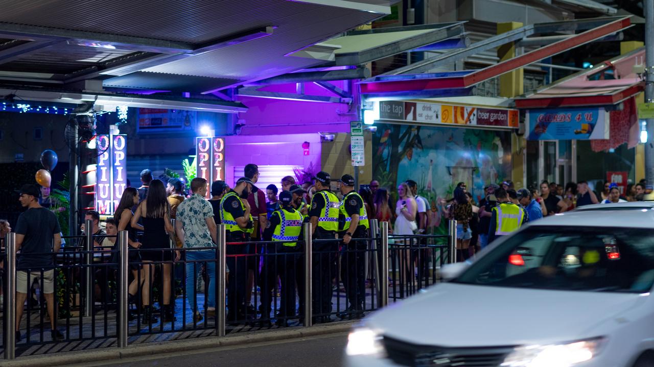 Mitchell St in Darwin was abuzz to celebrate the end of 2020. There was a visible police presence along the party strip. Picture: Che Chorley