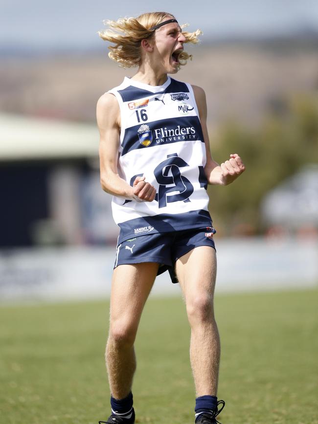 South Adelaide's Jack Delean celebrates kicking his second goal during the Panthers’ under-16 clash with Glenelg. Picture: Cory Sutton, SANFL