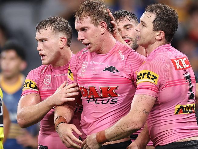 SYDNEY, AUSTRALIA - MARCH 23:  Zac Hosking of the Panthers celebrates with team mates after scoring a try during the round four NRL match between the Parramatta Eels and Penrith Panthers at CommBank Stadium on March 23, 2023 in Sydney, Australia. (Photo by Cameron Spencer/Getty Images)