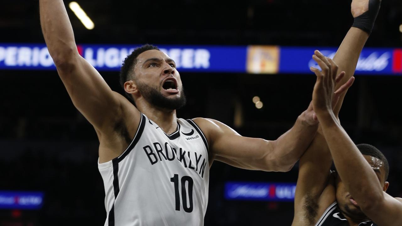 SAN ANTONIO, TX - JANUARY 17: Ben Simmons #10 of the Brooklyn Nets shots over Keldon Johnson #3 of the San Antonio Spurs in the first half at AT&amp;T Center on January 17, 2023 in San Antonio, Texas. NOTE TO USER: User expressly acknowledges and agrees that, by downloading and or using this photograph, User is consenting to terms and conditions of the Getty Images License Agreement. (Photo by Ronald Cortes/Getty Images)