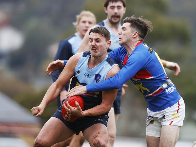 Lewis Freeman Lindisfarne and Ethan Brock Huonville Lions.  SFL qualifying final Lindisfarne V Huonville Lions.  Picture: Nikki Davis-Jones