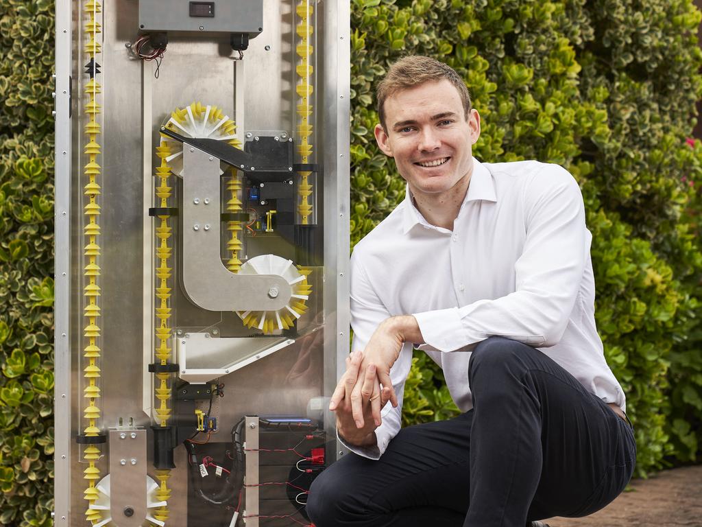 Economical Energy founder Matthew Forrest in Kurralta Park, with his V.I.P.E.R Gravity Battery. Picture: Matt Loxton