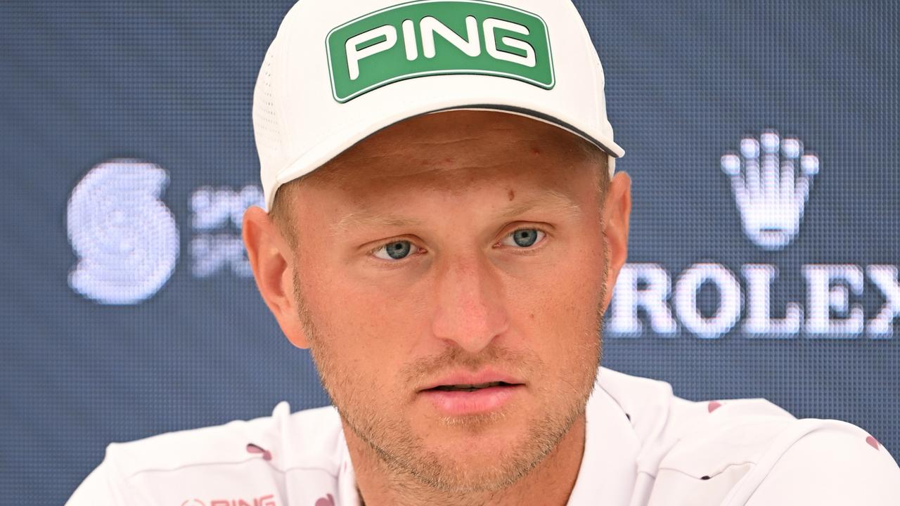 STRAFFAN, IRELAND - SEPTEMBER 06: Adrian Meronk of Poland speaks in a press conference prior to the Horizon Irish Open at The K Club on September 06, 2023 in Straffan, Ireland. (Photo by Ross Kinnaird/Getty Images)
