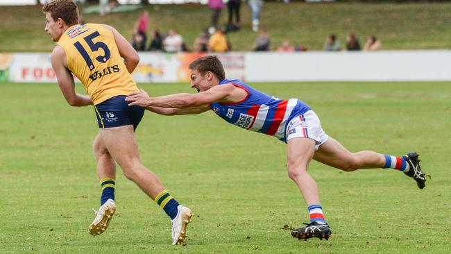 Former Central Districts player Ethan Gant tackles Mitch Hardie last year. He has been one of the best for Balranald this season. Picture: Brenton Edwards