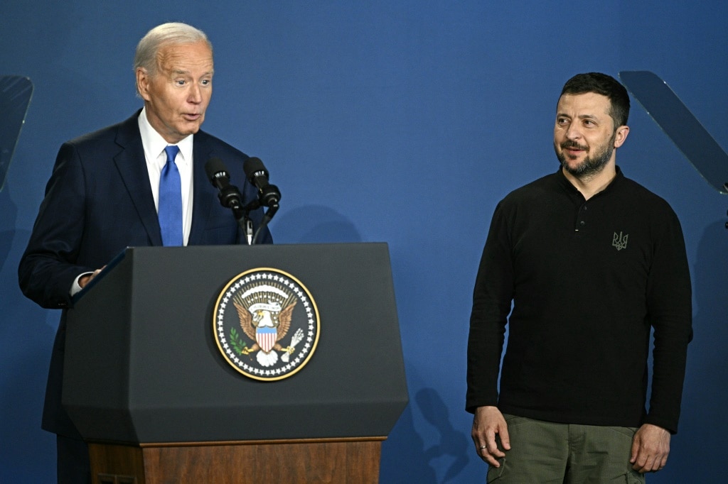 US President Joe Biden corrected himself after accidentally introducing  Ukraine's President Volodymyr Zelensky (R) as Russia's President Vladimir Putin during the Ukraine Compact initiative on the sidelines of the NATO summit in Washington