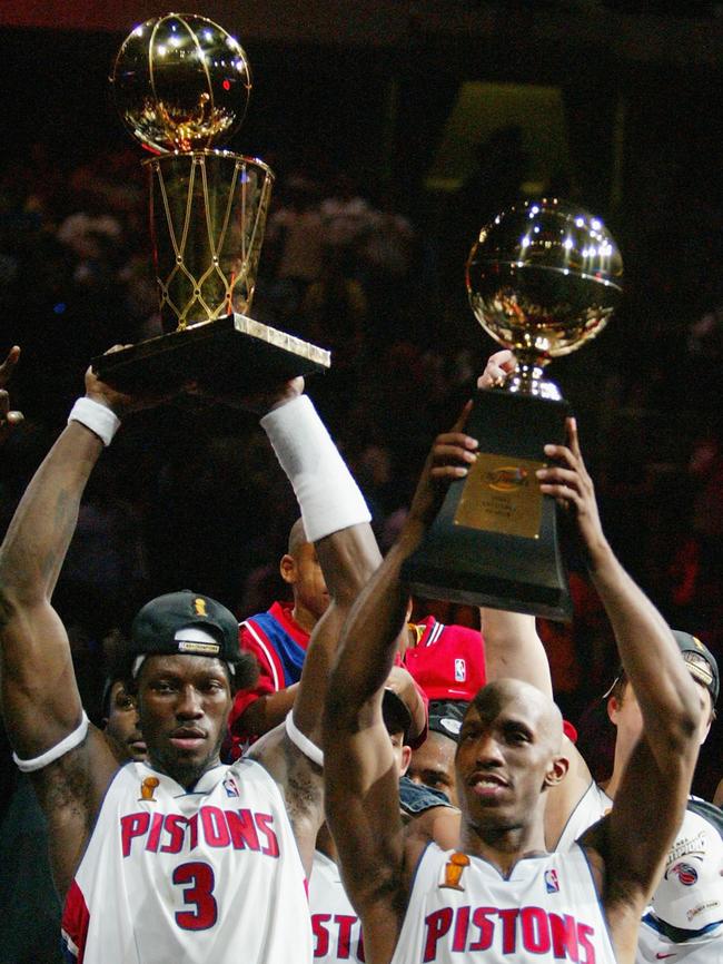 Ronzone was one of the architects of the Detroit Pistons’ roster that won the 2004 NBA title. Pictured are Ben Wallace and Chauncey Billups with the spoils. Picture: Getty Images