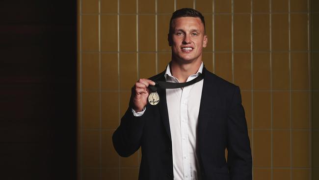 Canberra five-eighth Jack Wighton with the 2020 Dally M Medal. Picture: Mark Metcalfe/Getty