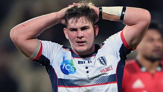 CHRISTCHURCH, NEW ZEALAND - JUNE 08: Richard Hardwick of the Rebels reacts during the round 17 Super Rugby match between the Crusaders and the Rebels at Christchurch Stadium on June 08, 2019 in Christchurch, New Zealand. (Photo by Kai Schwoerer/Getty Images)