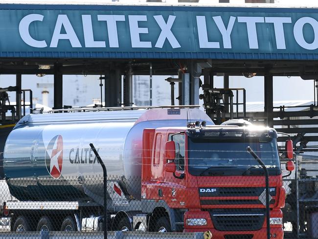 A fuel tanker is seen at the Caltex refinery in Brisbane, Monday, April 6, 2020. Caltex Australia will bring forward and extend the shutdown of its Lytton refinery as the coronavirus pandemic puts pressure on demand. (AAP Image/Dan Peled) NO ARCHIVING