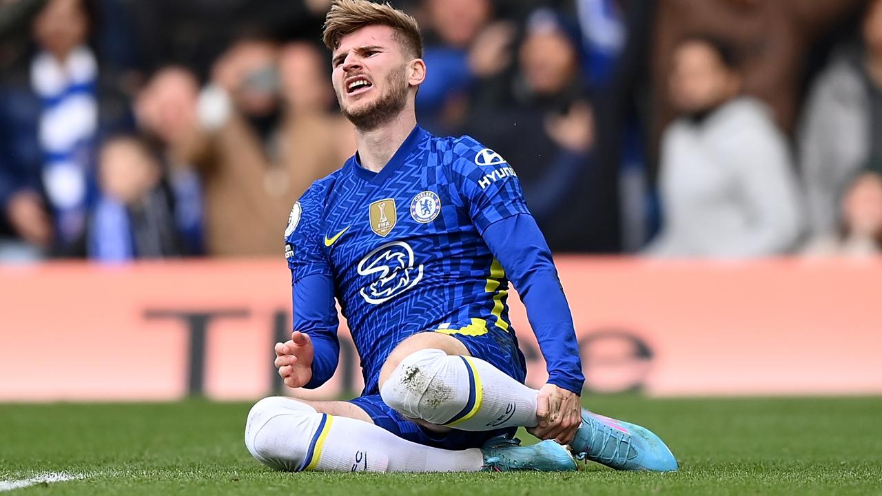 LONDON, ENGLAND – MARCH 13: Timo Werner of Chelsea reacts during the Premier League match between Chelsea and Newcastle United at Stamford Bridge on March 13, 2022 in London, England. (Photo by Justin Setterfield/Getty Images)