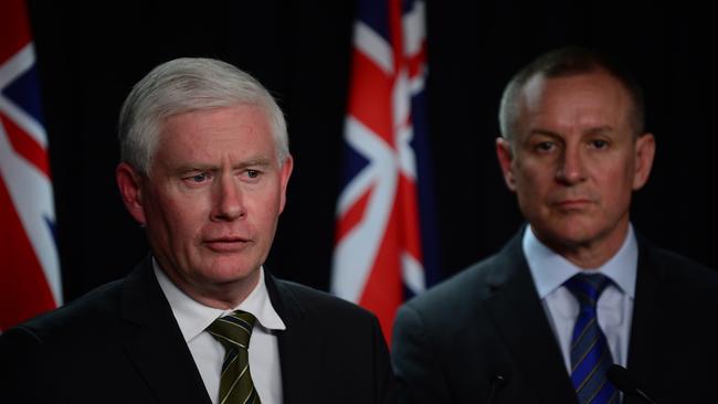 Attorney-General John Rau and Premier Jay Weatherill at a press conference to announce changes to Families SA. Picture: Tricia Watkinson.