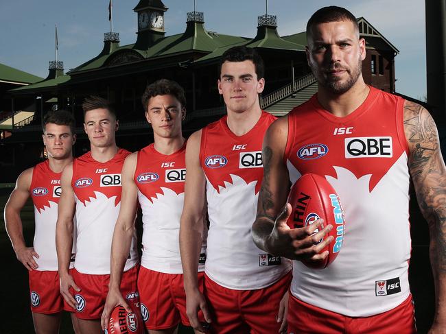 Lance Franklin and his young forwards Tom Papley, Ben Ronke, Will Hayward and Tom McCartin ahead of their Elimination Final against the Giants at the SCG. Picture. Phil Hillyard